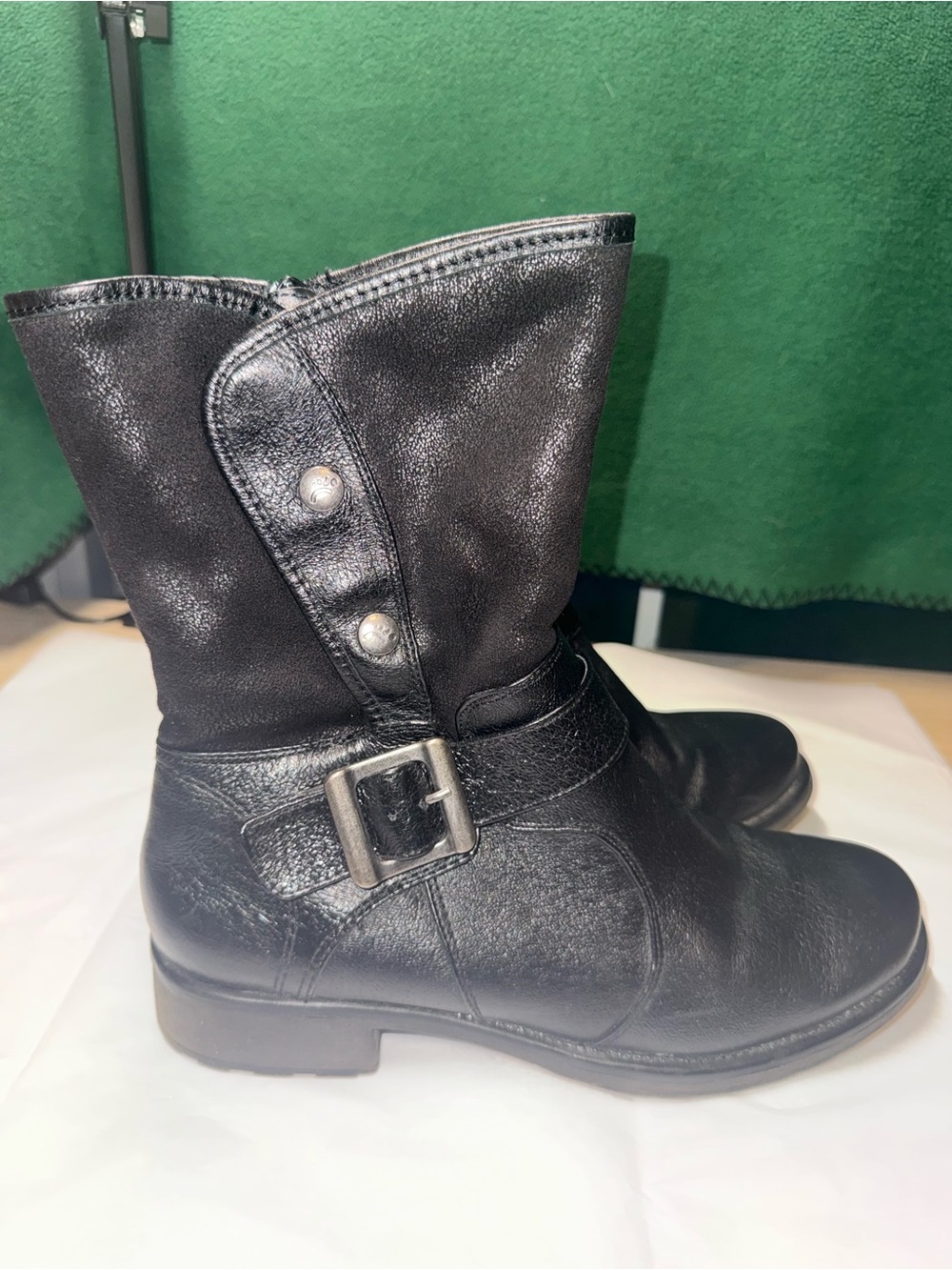 BareTraps Black Leather Mid-Calf Buckle Moto Boots